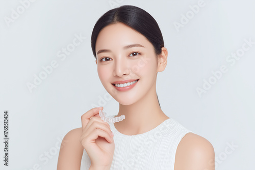 マウスピースを持つ歯科矯正中の女性