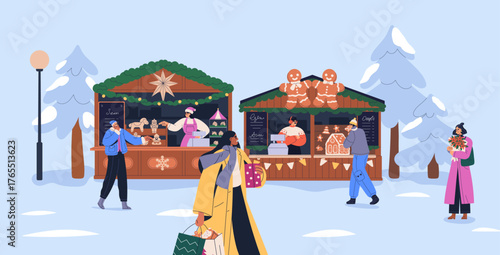 Christmas fair with street stalls and people walking. Winter holiday market with festive stands, cabins, vendors selling gifts, souvenirs. Outdoor seasonal booths. Flat vector illustration