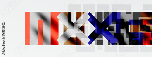 Abstract geometric design. Rectangles overlap, creating colorful visual texture. Minimalist composition with gray background.