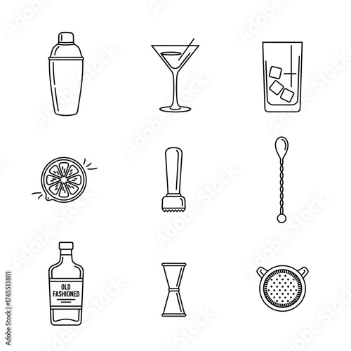 Line art illustration featuring cocktail shaker, martini glass, rocks glass, citrus, jigger, bar spoon, bottle, hourglass, and strainer.