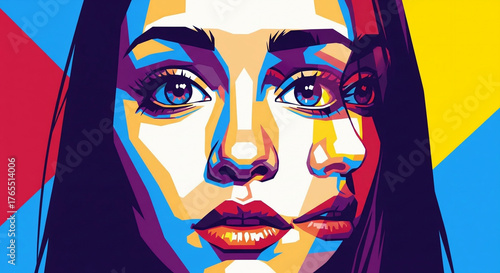 Vibrant geometric pop art portrait of a young woman creates an impressive optical illusion of double vision and depth