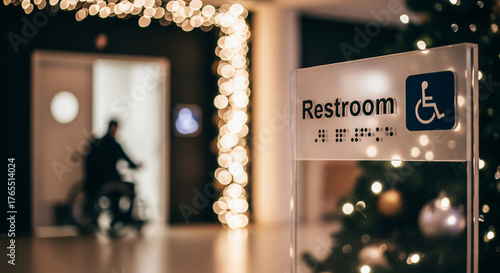 Clear restroom sign with braille and accessibility symbol next to a figure in a wheelchair