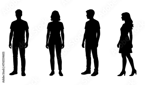Guy and girl silhouettes set. Flat illustrations of standing young man and woman.