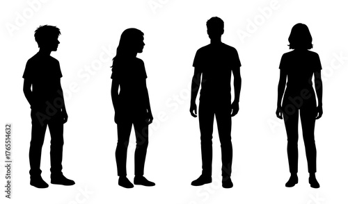 Guy and girl silhouettes set. Vector flat illustrations of standing young man and woman.