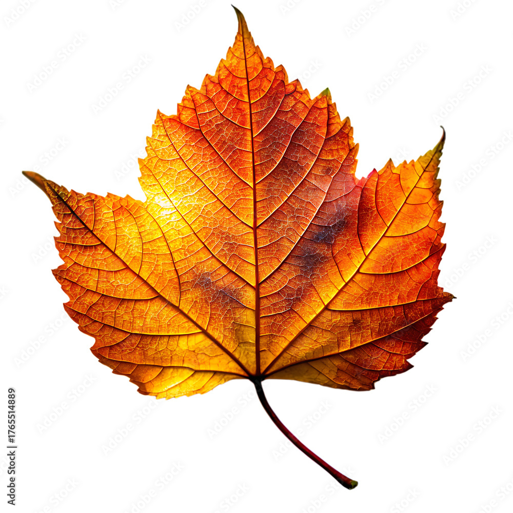 Fototapeta premium Autumn linden leaf isolated on transparent background showing vibrant fall colors