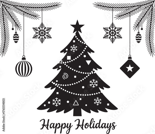 Black & White Christmas Tree with Ornaments