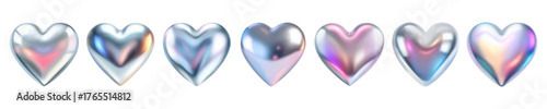 3d heart metallic holographic set. Heart love symbol collection isolated on white background