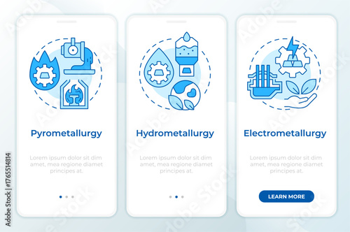 Extractive metallurgy methods blue onboarding mobile app screen. Industry. Walkthrough 3 steps editable graphic instructions with linear concepts. UI, UX, GUI. Montserrat SemiBold, Regular fonts used