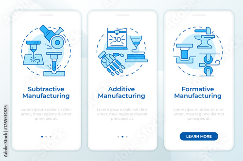 Types of manufacturing methods blue onboarding mobile app screen. Walkthrough 3 steps editable graphic instructions with linear concepts. UI, UX, GUI. Montserrat SemiBold, Regular fonts used