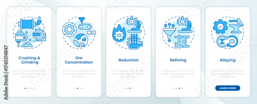 Stages of metallurgical process blue onboarding mobile app screen. Walkthrough 5 steps editable graphic instructions with linear concepts. UI, UX, GUI. Montserrat SemiBold, Regular fonts used