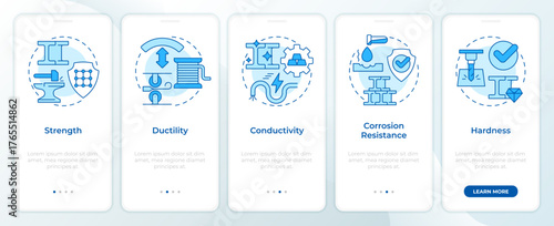 Properties of metals blue onboarding mobile app screen. Metalworking. Walkthrough 5 steps editable graphic instructions with linear concepts. UI, UX, GUI. Montserrat SemiBold, Regular fonts used