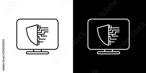 Isolated line art icon of a computer monitor with a protection shield, symbolizing cybersecurity and antivirus technology