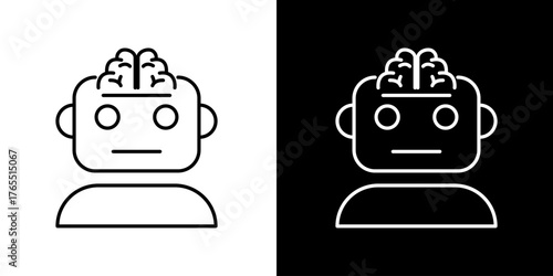 Vector line icon of a robot head with a visible brain, representing artificial intelligence, machine learning, and future technology concepts