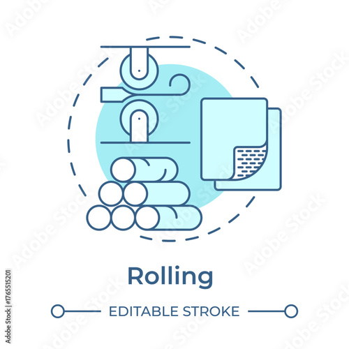 Rolling soft blue concept icon. Iron passing through pairs of rolls to reduce thickness. Steel manufacturing process. Round shape line illustration. Abstract idea. Graphic design. Easy to use in
