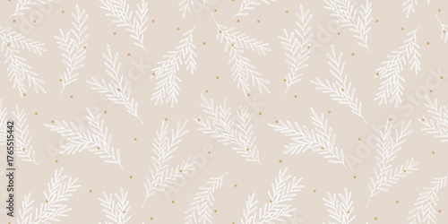 Minimalist christmas seamless pattern with pine branch on beige background