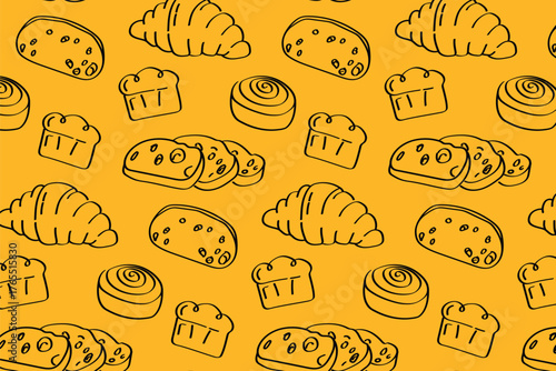 Linear pattern with loaves and croissants for menu design and fabric printing. Hand-drawn bakery pattern with loaves and croissants in a rustic style. Perfect for menu covers, napkin printing