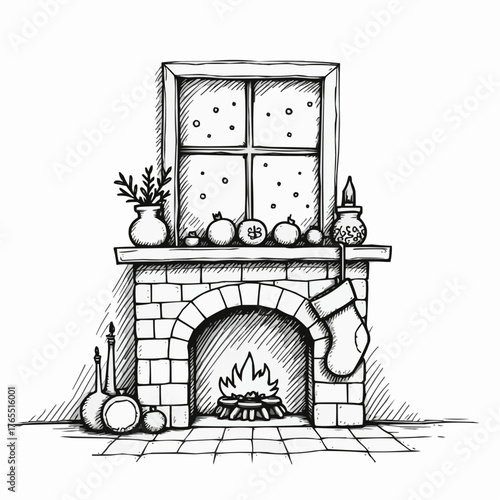 Christmas stocking hanging by fireplace with snow outside window in sketchy doodle style  
