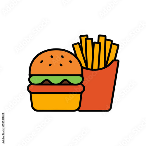 Vector illustration of delicious hamburger and crispy french fries icon for food and restaurant graphics