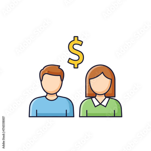 Vector icon depicting a man and a woman with a dollar sign, symbolizing financial relationships, income, gender pay equality, shared economy, and economic partnerships