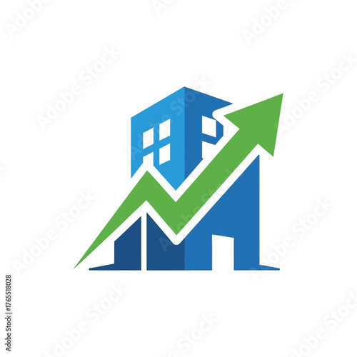 Dynamic real estate growth concept with an upward-pointing green arrow symbolizing success and positive development in property investment and market expansion