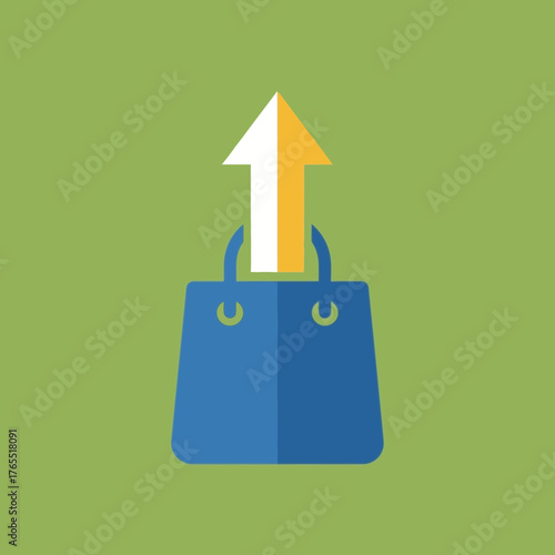 Vibrant flat design icon illustrating a shopping bag with an upward arrow, signifying robust sales growth, successful e-commerce, market expansion, and profitable retail ventures