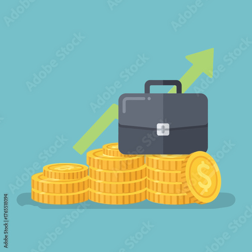 Conceptual vector illustration symbolizing financial growth, investment success, and business prosperity with increasing coin stacks, a briefcase, and an upward trend for wealth accumulation