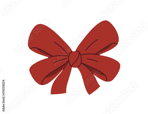 Bow, ribbon knot with decorative folds for holiday gift and present decoration. Ornamental tie, tape. Adornment for elegant festive package decor. Flat vector illustration isolated on white background