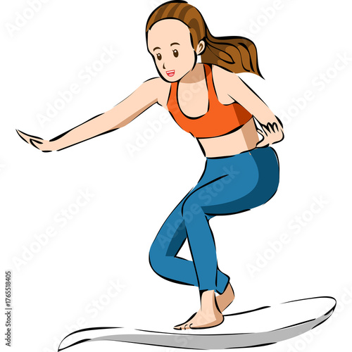 Canvas Print Cartoon illustration of a woman with brown hair wearing an orange sports bra and