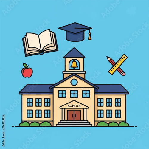 Illustration of a school building with educational elements like a book, apple, graduation cap, and ruler