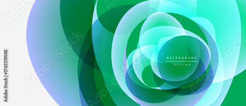 Abstract design features layered translucent circles. Green, blue hues create dynamic visual effect. Modern, minimalist aesthetic.
