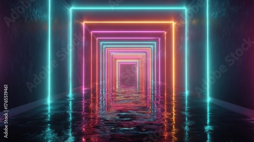 Fototapeta Naklejka Na Ścianę i Meble -  Neon lights tunnel with reflections and vibrant colors abstract background