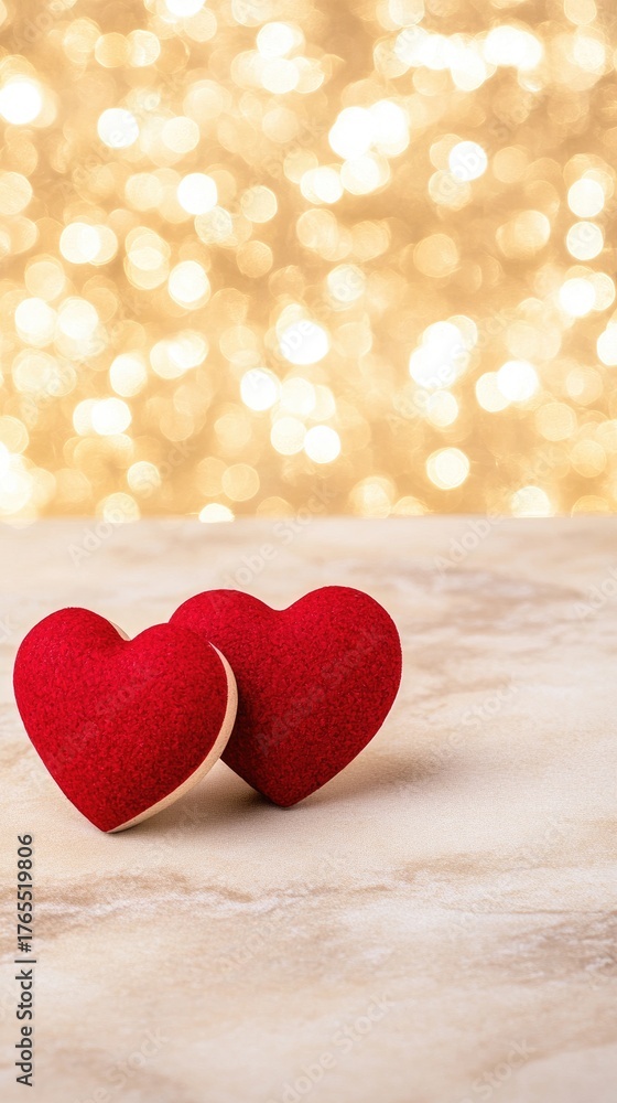 Fototapeta premium Two red wooden hearts on a shimmering golden background, perfect for Valentine's Day celebrations and romantic messages