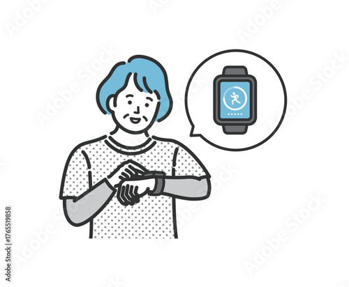 スマートウォッチで万歩計アプリを確認するシニア女性