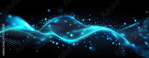 A vibrant wave of blue digital particles creates a mesmerizing visual effect against a dark background, symbolizing technology and innovation.