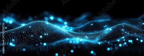 A dynamic, abstract representation of blue waves composed of glowing dots, set against a dark background, evoking a sense of depth and movement.