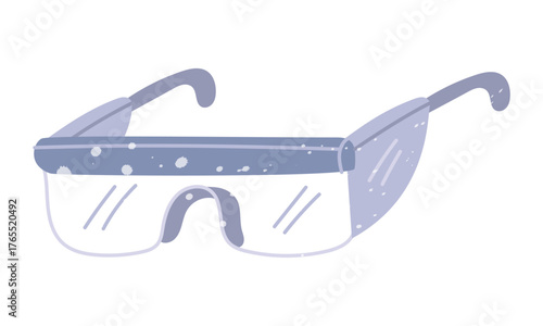 Plastic goggles for protection during creative work. Flat color illustration with paint splashes. Eye protection from dust and paint. Item for creative work. Projects, workshops, design, education