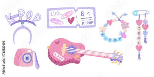 Fan souvenir items to support K-pop artists, musicians. Pin, ticket, guitar, bracelet, camera, bezel with text. Flat color illustration with texture. Korean industry. Youth fashion. Love South Korea