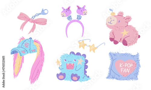 Fan souvenir items to support K-pop artists, musicians. Glasses, keychain, pillow, toy, cap with ears, headband. Flat color illustration with texture. Korean industry. Youth fashion. Love South Korea