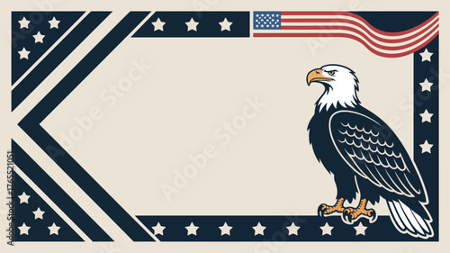 American themed frame with bald eagle stars and stripes and diagonal lines on a beige background