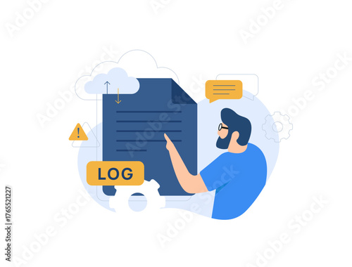 Log analysis specialist examines cloud-stored system logs. Warning alerts, debugging concept and cybersecurity threat detection in modern tech infrastructures. Log analysis vector illustration