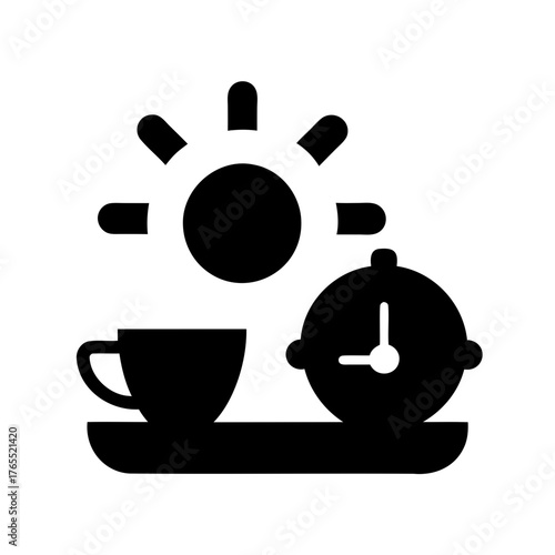 Illustration of morning routine with coffee, sun, and clock on a tray