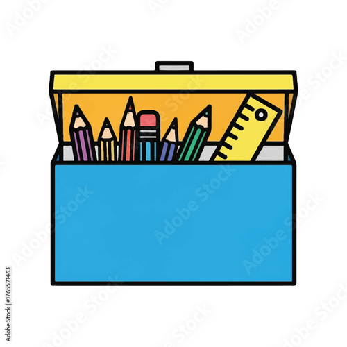 A colorful illustration of a blue toolbox filled with art supplies like pencils, crayons, and a ruler, perfect for creative projects and schoolwork