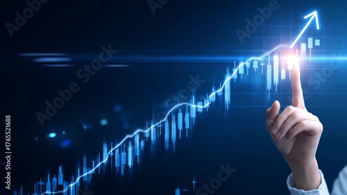 Ascending graph and an arrow, a finger touches the peak in a blue-lit graphic