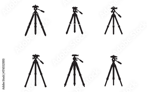 Collection of Camera Tripod Silhouettes for Photography and Videography Equipment Concepts and Stationary Support Tool Design Elements