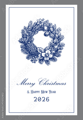 Christmas Wreath Vector Illustration, Merry Christmas and Happy New Year 2026.