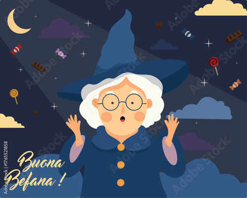 Buona Befana Vector Illustration of Witch with Candies.