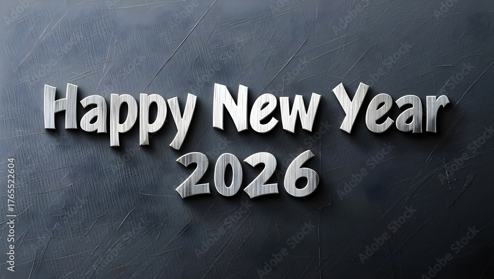 Fototapeta premium Silver Happy New Year 2026 text on dark textured background image 1