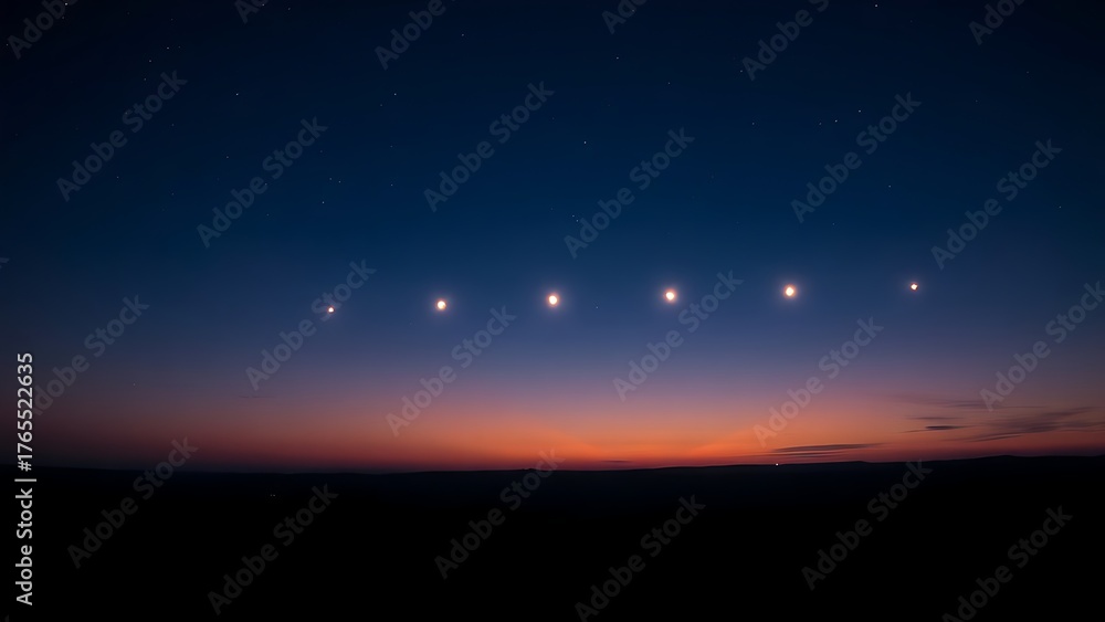 Fototapeta premium Six bright points of light aligned in the twilight sky above a dark, silhouetted horizon.