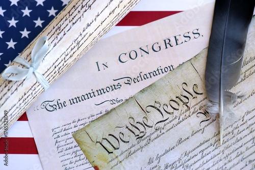 United States Bill of Rights Preamble to the Constitution and American Flag close up