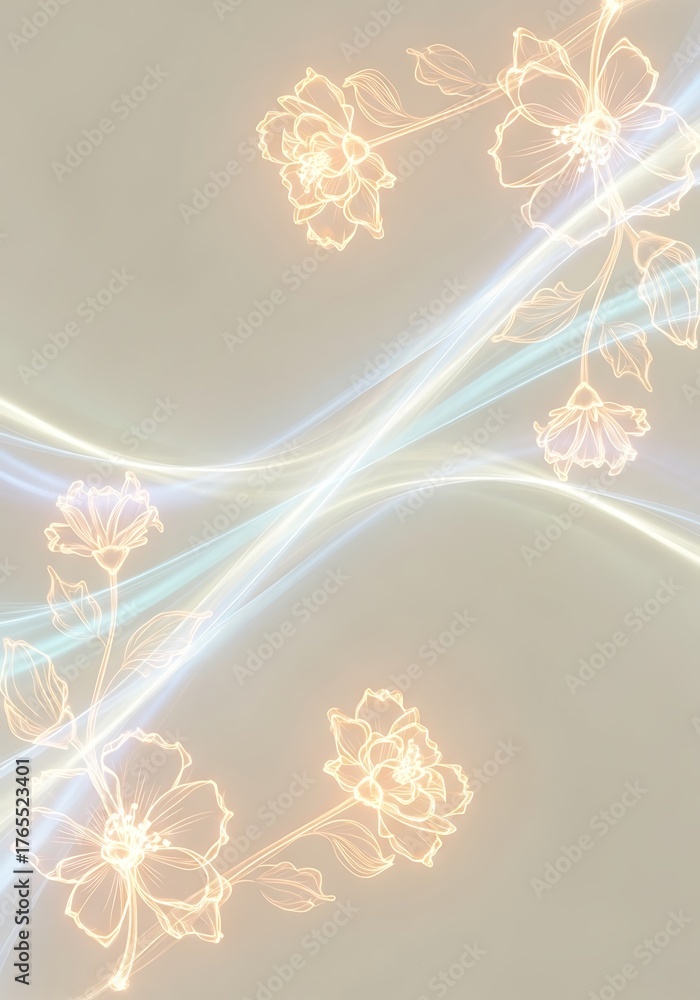 Obraz premium Elegant floral composition with luminous lines creating a serene and ethereal ambiance featuring botanical elements